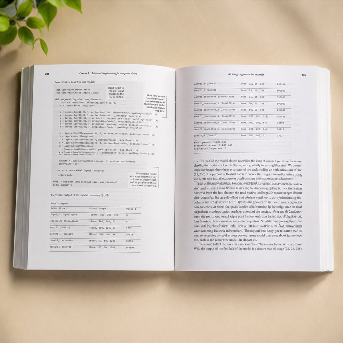 Deep Learning with Python 2nd Edition open book showing interior pages with Python code examples and explanations