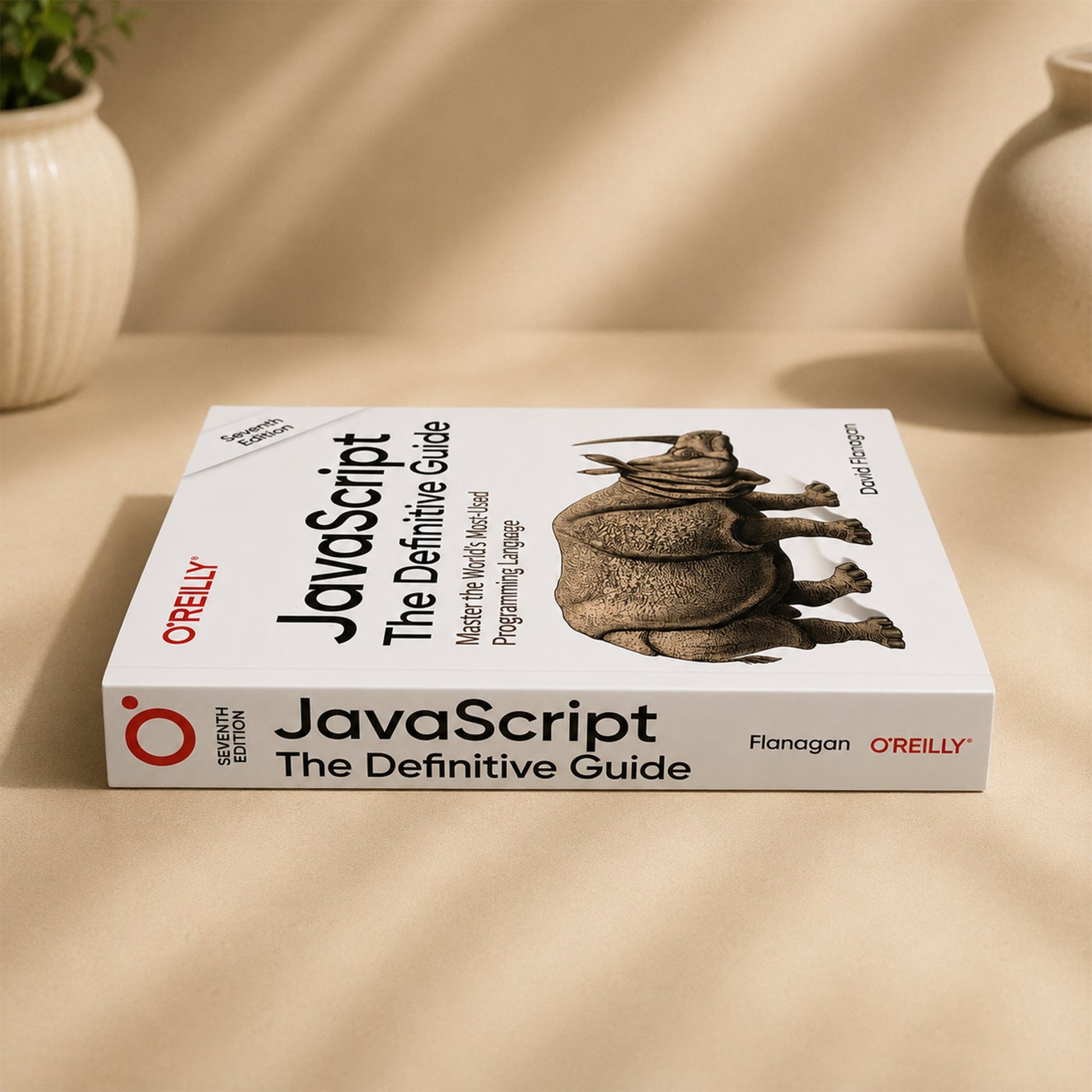 JavaScript: The Definitive Guide by David Flanagan – O'Reilly paperback lying flat showing cover and spine
