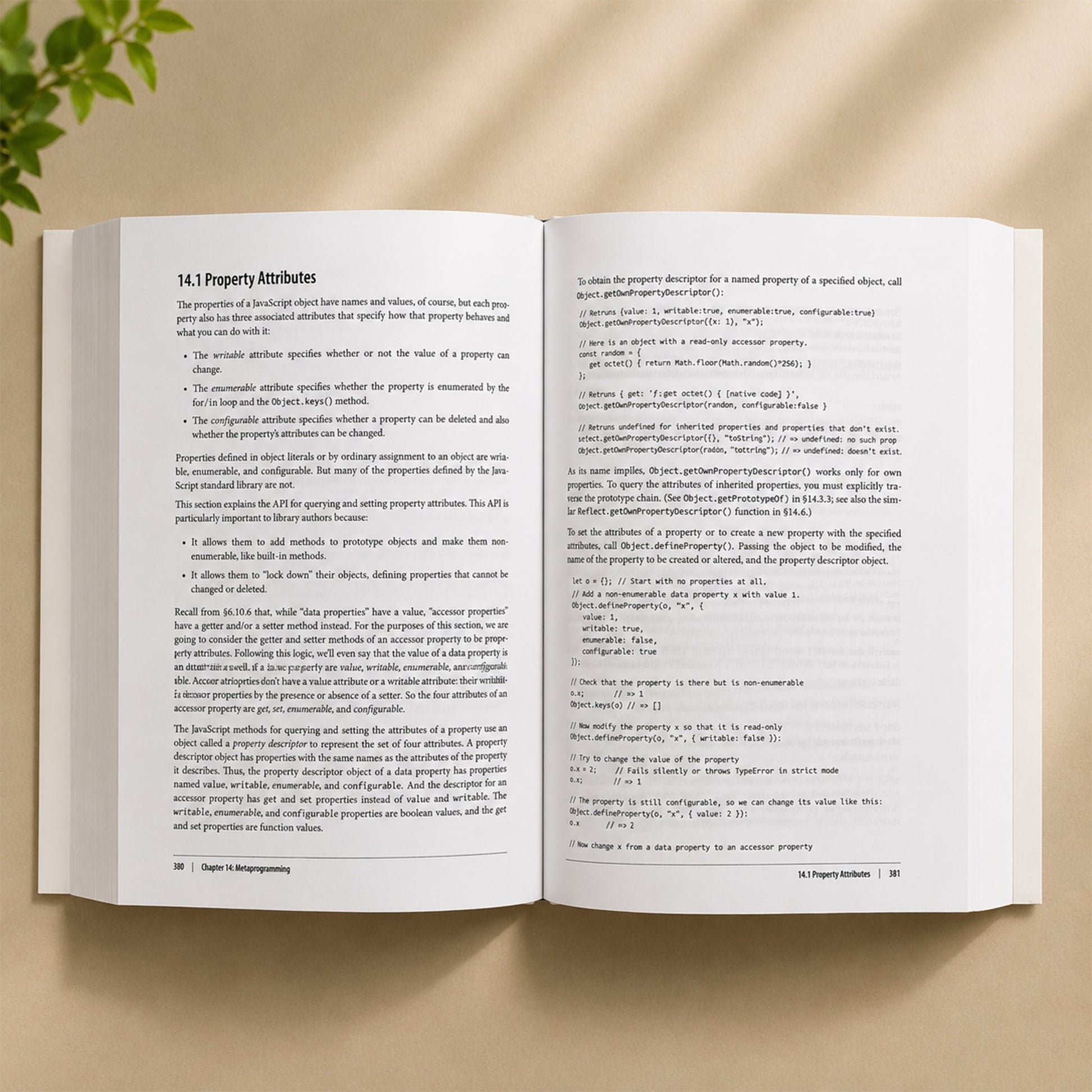 JavaScript: The Definitive Guide 7th Edition open book showing interior pages with JavaScript code examples and property documentation